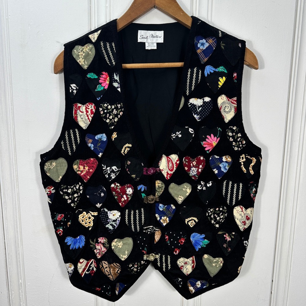 Vintage 90s Soul Mates Heart Applique Corduroy Vest L Patchwork Art to Wear
